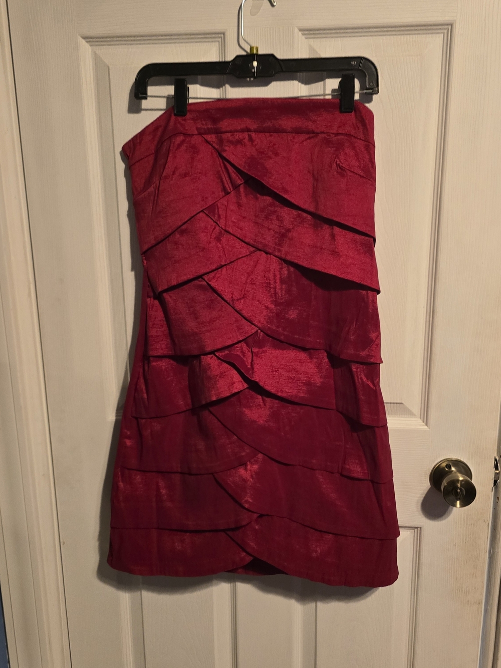 Snap Strapless Tiered Ruffle Dress in Cranberry Red